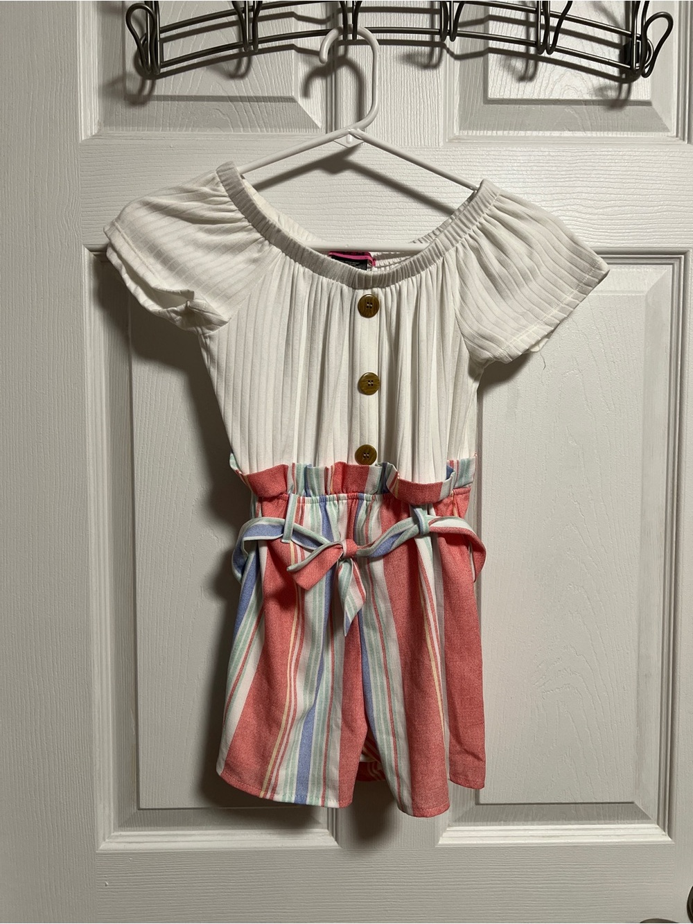 Paper Doll- Girls White Top with Pink Multi-Stripe Romper